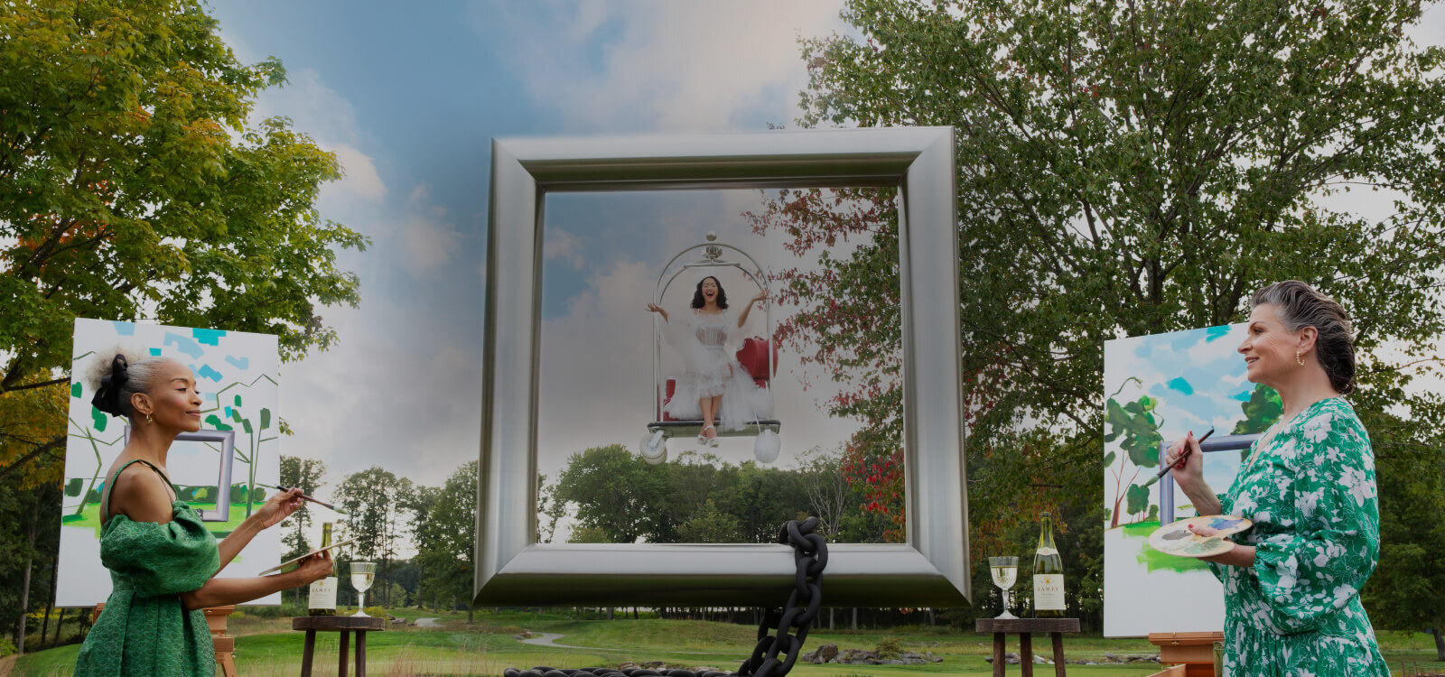 A picture frame piece of art on a golf course with two ladies painting using easels and palettes.