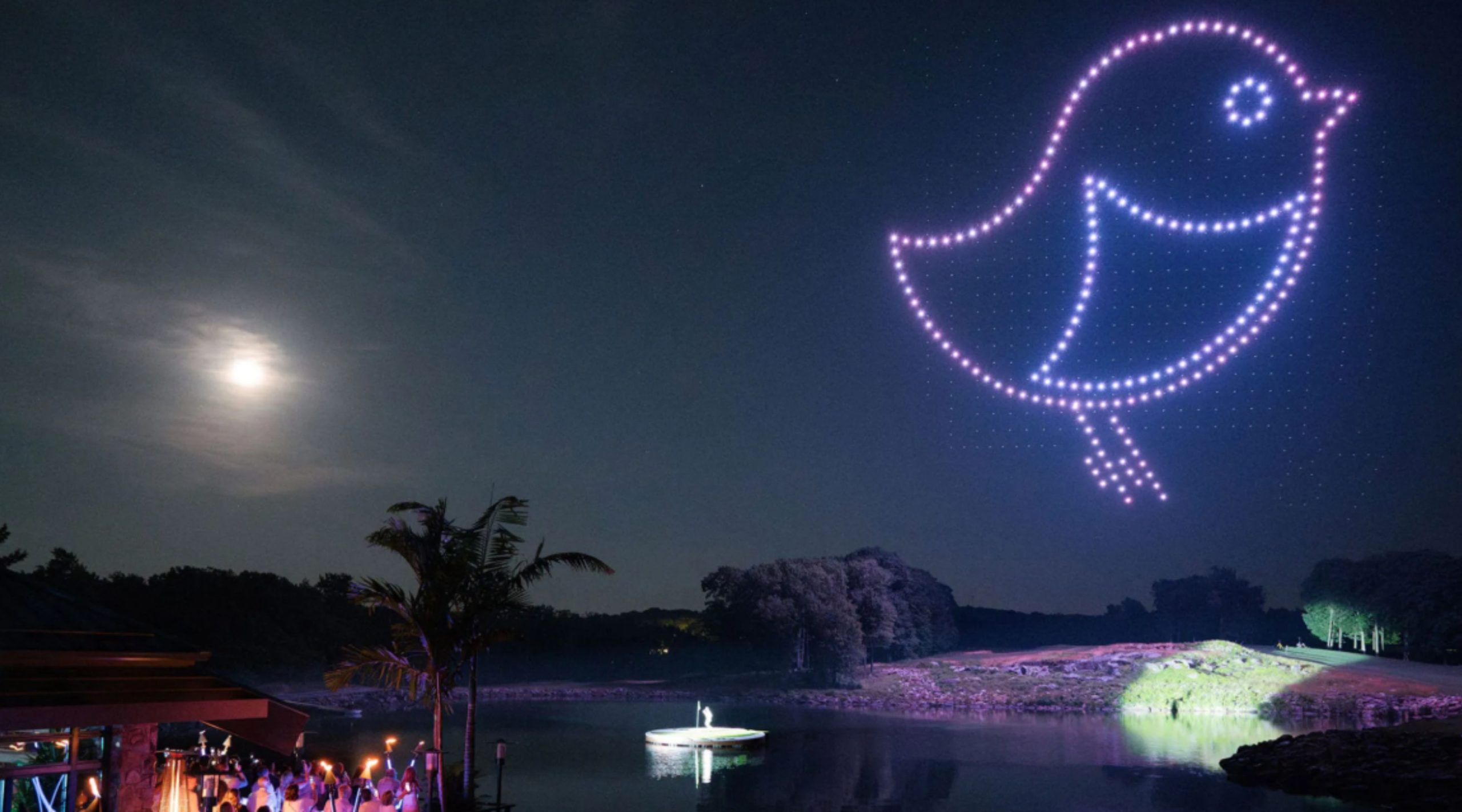 A drone show at Nemacolin where the drones are in formation as the "Pearl" bird logo for the resort.